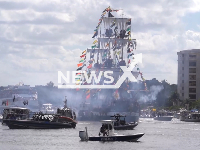 Pirate ship comes to Tampa, Florida, USA, during Gasparilla Pirate Fest, in January 2024.Note: Picture is a screenshot from the video. (Tampa Police Department/Clipzilla)