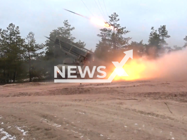 Russian Military forces launch a salvo attack on Ukrainian Armed Forces in Serebryansky area, Ukraine. Note: Picture is a screenshot from the video. (Ministry of Defense of the Russian Federation/Clipzilla)