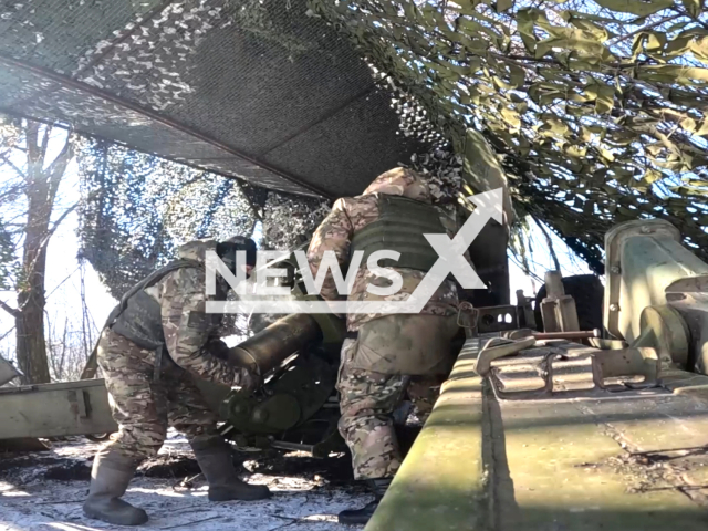 The crew of the 2A36 Gyacinth-B artillery mount, destroyed camouflaged, fortified positions of the Ukrainian Armed Forces, in Ukrane. Picture is a screenshot from the video. (Ministry of Defense of the Russian Federation/Clipzilla)