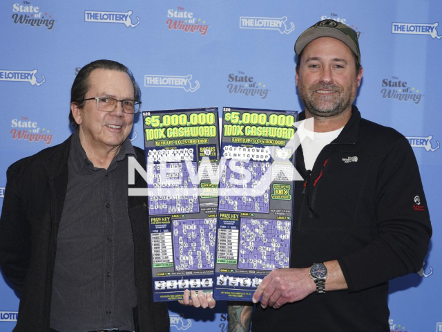 Photo shows Lawrence Troy of Mansfield and Jonathan Seward of Sheffield, undated. They claimed $1 Million prizes in the same Cashword Game from Massachusetts Lottery, 25 minutes apart.
Note: Licensed photo(Massachusetts Lottery/Newsflash).