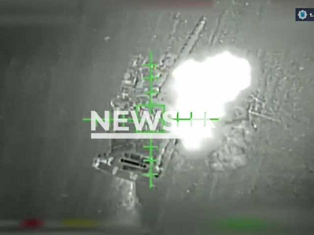 Ukrainian drones accurately target and neutralize Russian tanks on the frontlines in Ukraine in undated footage. The footage was released by Ihor Klymenko Minister at the Ministry of Internal Affairs on Thursday, Feb. 1, 2024.Note: Picture is screenshot from a video. (@Klymenko_MVS/Newsflash)