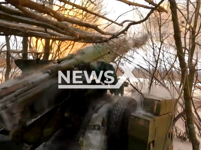 Crews of the Gyacinth-B guns inflict fire on the personnel of the Armed Forces of Ukraine in positions and in dugouts in the Kupyansky area, Ukraine. Note: Picture is a screenshot from the video. (Ministry of Defense of the Russian Federation/Clipzilla)