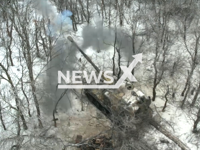 Russian crews of the Msta-SM1 destroy armored vehicles and Ukrainian troops in Kupyansk, Ukraine. Note: Picture is a screenshot from the video. (Ministry of Defense of the Russian Federation/Clipzilla)