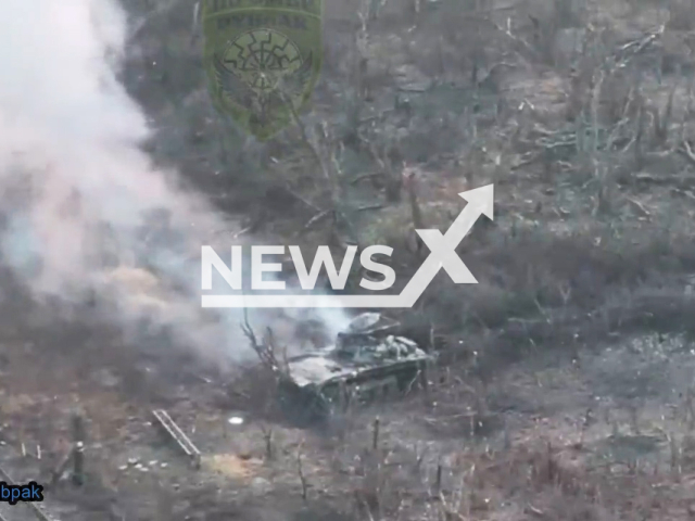 Ukrainian forces destroy Russian military equipment and take out troops using kamikaze drones. The footage was released by the 110th Separate Mechanised Brigade of the Rubak on Tuesday, Feb. 6, 2024.  Note: Picture is screenshot from a video. (@rubpak/Newsflash)