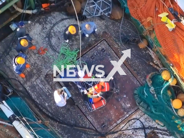 A 58-year-old South Korean fisherman with chest pains and breathing difficulties was airlifted from a fishing vessel off the coast of Chubut, Argentina, by emergency personnel and taken to a hospital in Trelew for treatment. Note: Picture is a screenshot from the video. (Prefectura Naval Argentina/Clipzilla)