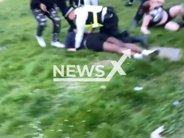 The fight between a black and a white girl was interrupted by the police with an alleged difference in treatment they received from them in Hyde Park, London on the 20th of April. Note: this picture is a screenshot from the video. (@Sarch11e/Newsflash)