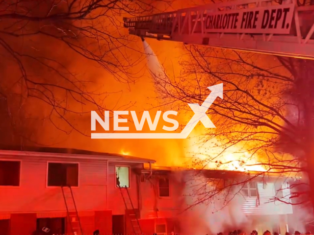 Firefighters swiftly extinguished an apartment fire, in Charlotte, South Carolina, USA, on Thursday, Feb. 6, 2024. Note: Picture is a screenshot from the video. (Charlotte Fire Department, Charlotte NC/Clipzilla)