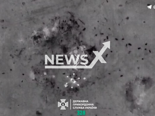 Ukrainian drones drop bombs on Russian military positions in the Kharkiv region in Ukraine in undated footage. The footage was released by the State Border Guard Service of Ukraine on Wednesday, Feb. 7, 2024. Note: Picture is screenshoot from a video (@DPSUkr/Newsflash)