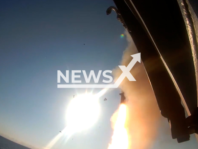 The launch of four Kaliber cruise missiles from the Black Sea Fleet frigate against military infrastructure facilities of the Armed Forces of Ukraine.
Note: This picture is a screenshot from the video.
(Ministry of Defence of Russia/Newsflash)