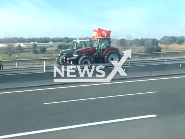 Farmers protest with tractors in Castile and Leon, Spain, in February 2024. Note: Picture is a screenshot from the video. (@djmoi9/Clizpilla)