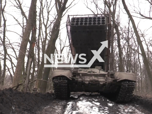 The crews of the TOS-1A Solntsepyok destroythe fortified strongholds of the Ukrainian Armed Forces in Ukraine. Note: Picture is a screenshot from the video. (Ministry of Defense of the Russian Federation/Clipzilla)