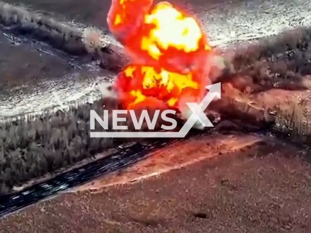 Ukrainian forces destroy Russian artillery howitzer “Msta-S” on the frontlines in Ukraine in undated footage. The footage was released by the 14 Separate Mechanized Brigade on Tuesday, Feb. 13, 2024.Note: Picture is screenshot from a video. (@14ombr/Newsflash)