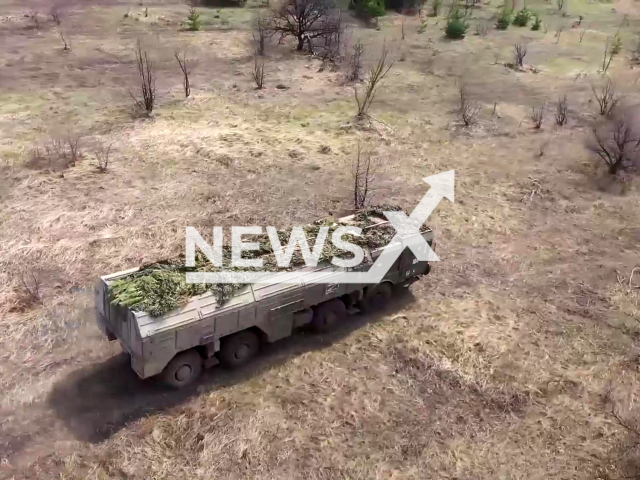 Russian Army launched an Iskander missile attack on a warehouses with weapons and ammunition of the Armed Forces of Ukraine, in April, 2022, in Ukraine. Note: Photo is a screenshot from the video (Russian Defense Ministry/Newsflash)