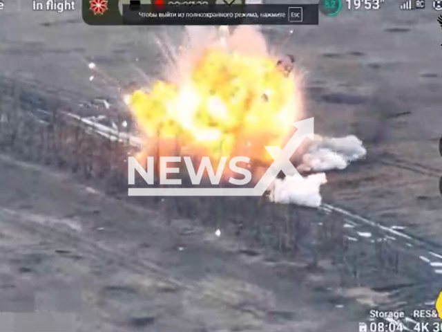 Ukrainian kamikaze drones destroy Russian tanks on the frontlines in Ukraine in undated footage. The footage was released by the 60th Separate Mechanised Ingulets Brigade on Thursday, Feb. 15, 2024.Note: Picture is screenshot from a video. (@OMIBr_60/Newsflash)