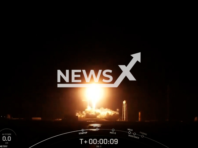 Intuitive Machines’ Nova-C lander lifts off on a SpaceX Falcon 9 rocket from Launch Complex 39A, at NASA's Kennedy Space Center, Florida, USA, on Thursday, Feb. 15, 2024.Note: Picture is screenshot from a video. (NASA's Kennedy Space Center/Clipzilla)