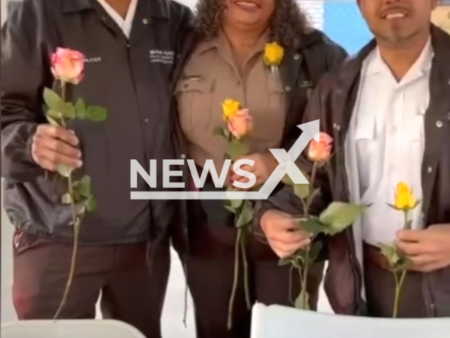 Miami-Dade Fire Rescue spread Valentine's cheer handing out roses at Lakeview Education School, in Florida, USA, on Wednesday, Feb. 14, 2024. Note; Picture is a screenshot from the video. (Miami-Dade Police Department/Clipzilla)