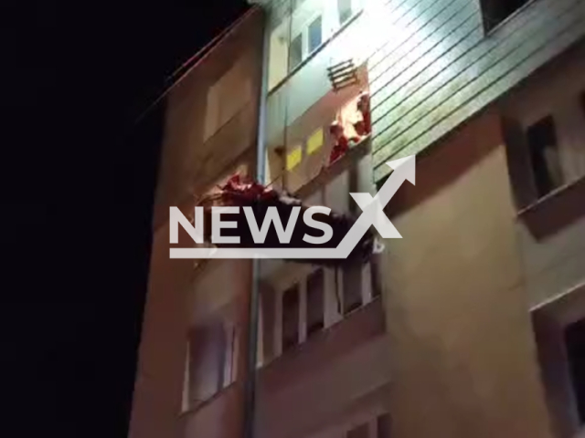 A team specializing in dangerous interventions evacuate a victim on the third floor of a building in Oise, France, on Wednesday, Feb. 14, 2024. Note: Picture is a screenshot from the video. (SDIS de l'Oise/Clipzilla)