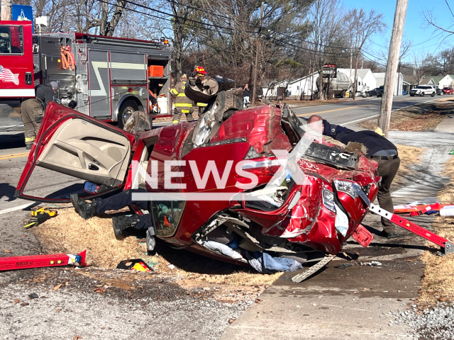 Emergency crews aid Larry D. Parsons,  in Williamson County, Illinois, USA, on Sunday, Feb. 18, 2024. He was pursued by police before losing control and crashing.  Note: Police photo. (Williamson County Sheriffs Office/Clipzilla)