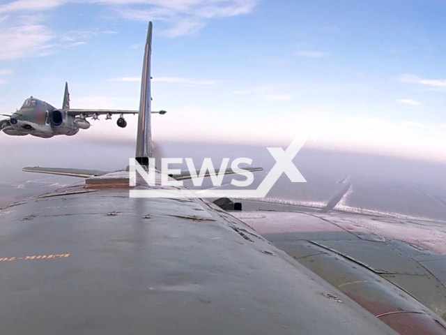 A Su-25 attack aircraft attacks Ukrainian Armed Forces units in the Donetsk direction, Ukraine. Note: Picture is a screenshot from the video. (Ministry of Defense of the Russian Federation/Clipzilla)