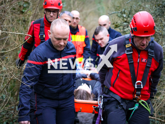 Rescuers transport an injured person in Amiens, France, on Wednesday, Feb. 14, 2024. They were in stable and were trasported to the hospital. 
Note: Private photo. (Service Departemental d'Incendie et de Secours de la Somme - SDIS 80/Clipzilla)