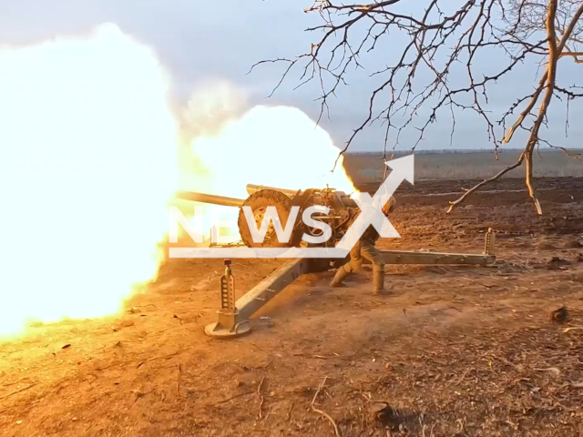 Crews of D-30 howitzers destroy camouflaged positions and manpower of the Ukrainian Armed Forces, in the Donetsk area, Ukraine. Note: Picture is a screenshot from the video. (Ministry of Defense of the Russian Federation/Clipzilla)