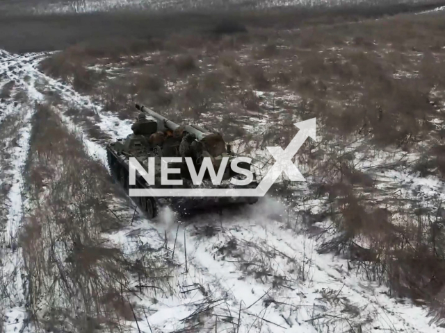 Russian 2S5 Giatsint-S fire at the Ukrainian military positions in Kupiansk direction Ukraine in undated footage. The footage was released by the Russian MoD on Monday, Feb. 26, 2024. Note: Picture is screenshoot from a video (Russian Ministry of Defence/Newsflash)