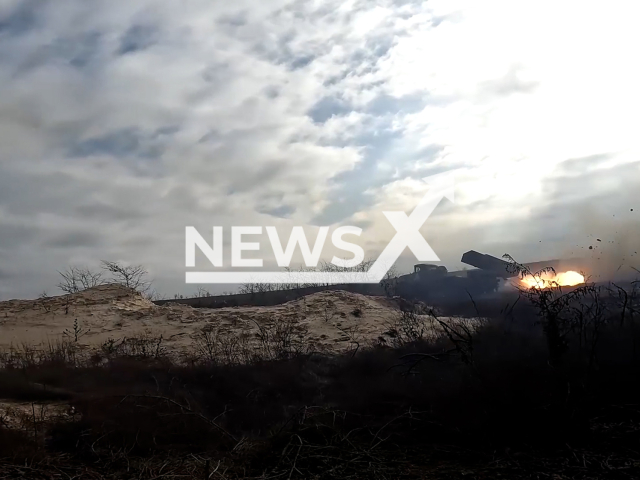 Russian MLRS “Grad” fire rockets at Ukrainian military positions in the Zaporizhzhia direction in Ukraine in undated footage. The footage was released by the Russian MoD on Monday, Feb. 26, 2024.Note: Picture is screenshot from a video. (Russian Ministry of Defence/Newsflash)