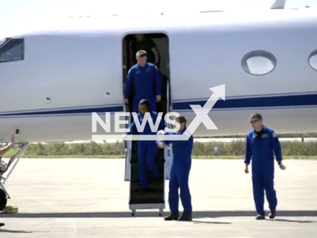 Crew-8 crewmates NASA astronauts Matthew Dominick, Michael Barratt, and Jeanette Epps, and Roscosmos cosmonaut Alexander Grebenkin arrive to Kennedy Space Center, in Merritt Island, Florida, USA, on Saturday, Feb. 25, 2024. Note: Picture is a screenshot from the video. (NASA's Kennedy Space Center/Clipzilla)