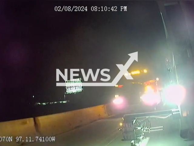 A lorry hits a paint crew truck restriping I-3, near Pauls Valley, Oklahoma, USA. Note: Picture is a screenshot from the video. (Oklahoma Highway Patrol/Clipzilla)