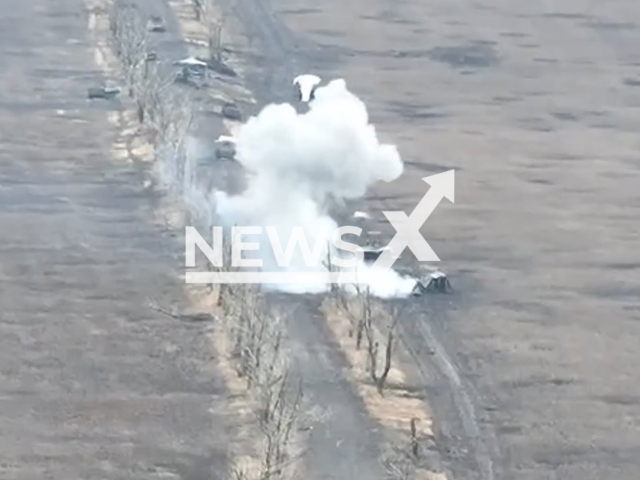 Ukrainian artillery hit Russian war machines and soldiers while repelling the enemy assault in Novomykhailivka in Donetsk Oblast in Ukraine in undated footage. The footage was released by the 79th Separate Amphibious Assault Tavri brigade on Tuesday, Feb. 27, 2024.Note: Picture is screenshot from a video. (@79AMBUA/Newsflash)