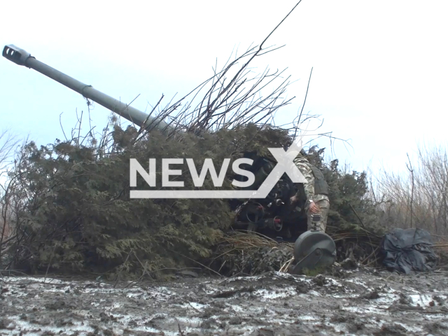 Russian crews of the 152 mm howitzer 2A65 Msta-B identify firing positions of the Armed Forces of Ukraine, and destroy armored vehicles, artillery air defence systems, control posts and long-term firing points, in the Donetsk area, Ukraine. Note: Picture is a screenshot from the video. (Ministry of Defense of the Russian Federation/Clipzilla)