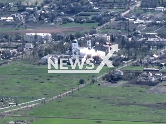 Soldiers of the 53rd separate mechanized brigade named after Prince Vladimir Monomakh destroyed Russian equipment located near the church, in April, 2022, in Ukraine, 2022. Note: This picture is a screenshot from the video (@53brigade/Newsflash).