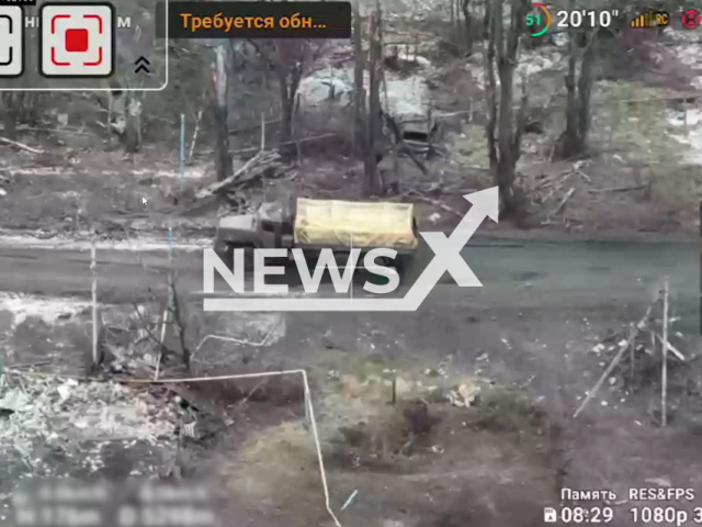 Ukrainian kamikaze drones hit Russian military trucks on the frontlines in Ukraine in undated footage. The footage released by the 26th Artillery Brigade on Wednesday, Feb. 28, 2024. Note: Picture is screenshot from a video (@71brigade/Newsflash)