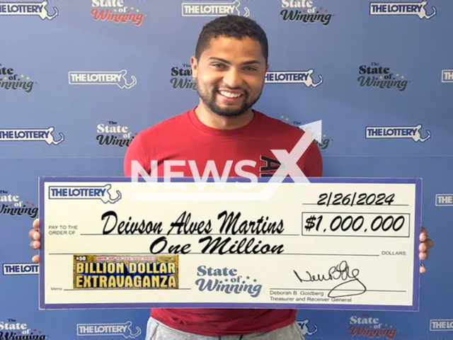 Photo shows Deivson Alves Martins , undated. The man of Worcester won $1 million prize, just weeks after winning $500 from ticket bought at the same store.
Note: Licensed photo(Massachusetts Lottery/Newsflash).