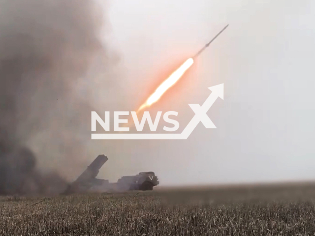 Russian crews of the BM-27 Uragan destroy a hangar with ammunition of the Ukrainian Armed Forces in Donetsk area, Ukraine. Note: Picture is screenshot from a video. (Ministry of Defense of the Russian Federation/Clipzilla)