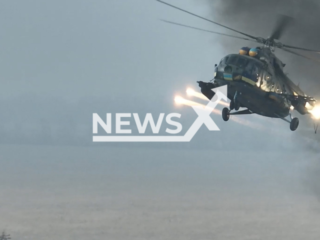 Ukrainian helicopters fire missiles at unseen targets in Ukraine in undated footage. The footage was released by the 47th Separate Mechanised Brigade of the Armed Forces of Ukraine on Tuesday, Mar. 5, 2024.Note: Picture is screenshot from a video. (@brygada47/Newsflash)