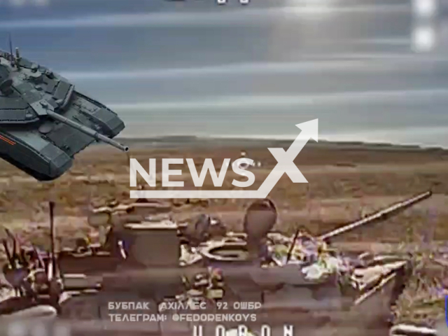 A Ukrainian kamikaze drone destroys a Russian tank on the front near Bakhmut in Ukraine in undated footage. The footage was released by the 92nd Separate Assault Brigade of the Armed Forces of Ukraine on Thursday, Mar. 7, 2024.Note: Picture is screenshot from a video. (@brigada92_war/Newsflash)