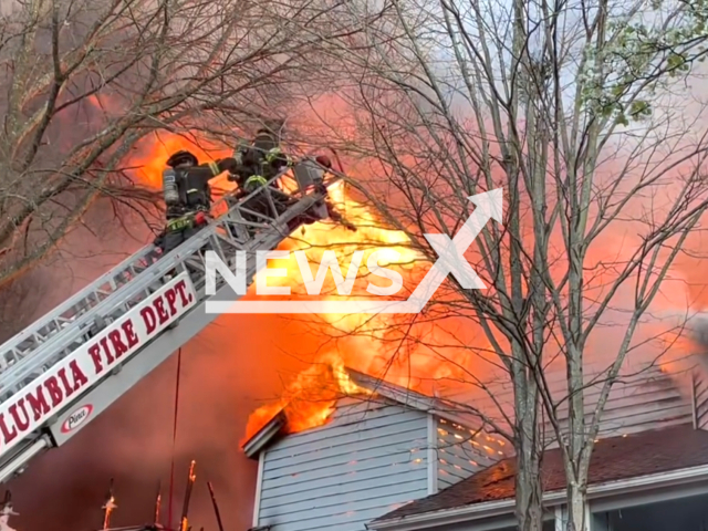 Firefighting crews are working to contain a fire at The Hollows apartments, in Columbia, South Carolina, USA, on Monday, March 11, 2024. Note: Picture is a screenshot from the video. (Columbia Fire Department/Clipzilla)