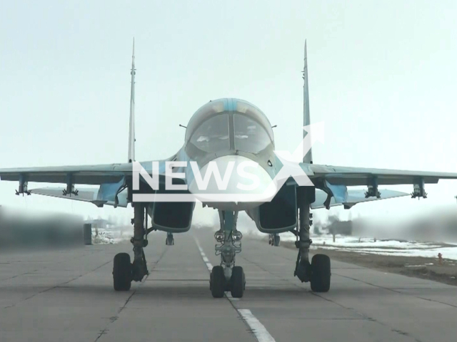 Russian crews of Su-34 fighter-bombers attack Ukrainian strongholds and manpower in the South Donetsk direction, Ukraine. Note: Picture is a screenshot from the video. (Ministry of Defense of the Russian Federation/Clipzilla)