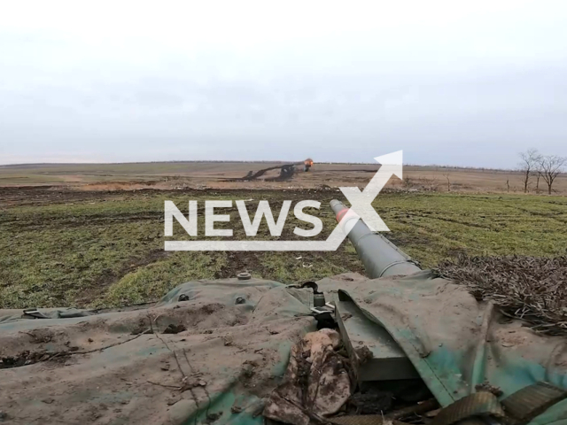 Russian tank units destroy armored vehicles and long-term firing points at the positions of the Ukrainian Armed Forces, in the Donetsk area, Ukraine. Note: Picture is a screenshot from the video. (Ministry of Defense of the Russian Federation/Clipzilla)