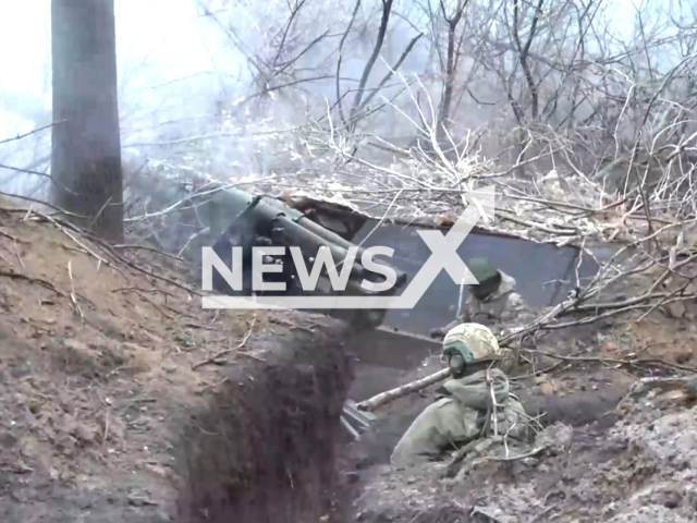 Artillerymen of the 1st Slavic Brigade of the 1st Russian Army Corps destroy the positions of the Ukrainian Armed Forces in the Northern Military District zone, in the Donetsk area, Ukraine. Note: Picture is a screenshot from the video. (Ministry of Defense of the Russian Federation/Clipzilla)