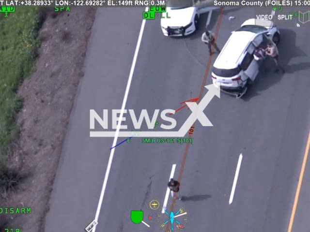 H1 tracks vehicle of three suspect driving south on Hwy 101, in Sonoma, California, USA, on Tuesday, March 12, 2024. Note: Picture is a screenshot from the video. (Sonoma Sheriff/Clipzilla)