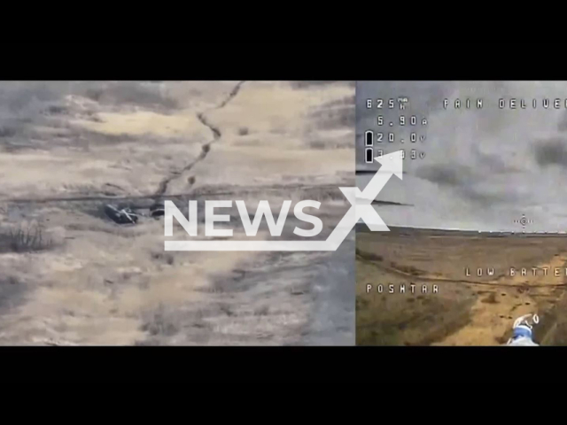 Ukrainian kamikaze drone destroys Russian tank in huge blast on the frontlines in Avdiivka in Ukraine in undated footage. The footage was released by Land Forces of the Armed Forces of Ukraine on Tuesday, Mar. 12, 2024. Note: Picture is screenshot from a video (@landforcesofukraine/Newsflash)