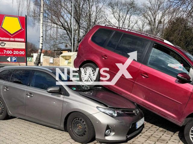 Picture shows the two cars in Harz, Saxony-Anhalt in Germany, undated. A woman reportedly just wanted to get out of the parking space. Note: Police photo. ( Harz police station/Newsflash)