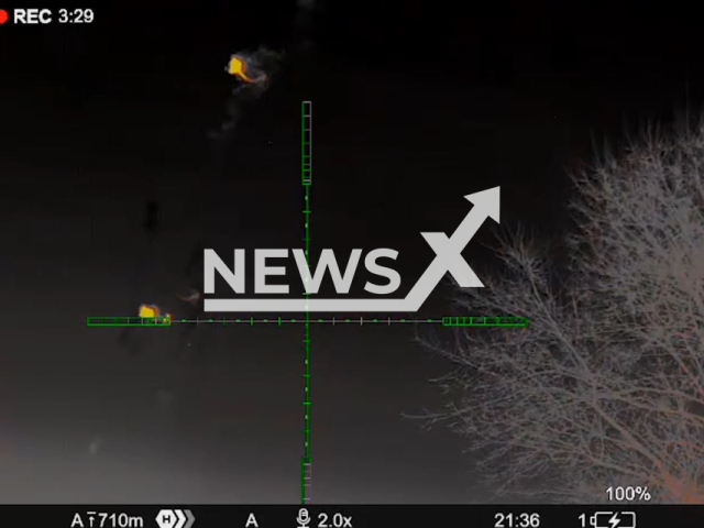 Ukrainian air defence shoots down a Russian Shahed drone using heavy machine guns in Ukraine in undated footage. The footage was released by the Land Forces of the Armed Forces of Ukraine on Wednesday, Mar. 13, 2024. Note: Picture is screenshot from a video (@landforcesofukraine/Newsflash)