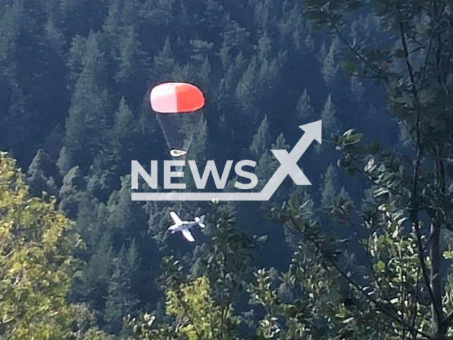 Picture shows the parachute and the plane, undated. Couple and daughter, 2, survive plane crash in California. Note: Firemen photo. (@sheltercovefire/Newsflash)