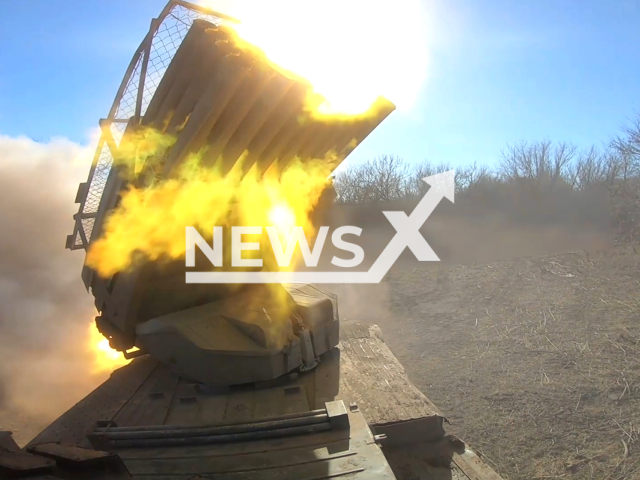 The crew of the multiple launch rocket system BM-21 Grad inflict fire on an area target, disrupting the rotation of personnel of the Ukrainian nationalists in the Avdiivka area, Ukraine. Note: Picture is a screenshot from the video. (Ministry of Defense of the Russian Federation/Clipzilla)