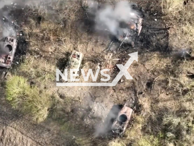 Ukrainian Armed Forces destroyed tanks and vehicles of the Russian Army in the Zaporizhzhia direction, Ukraine, in April, 2022. Note: Photo is a screenshot from the video (General Staff of the Armed Forces of Ukraine/Newsflash)