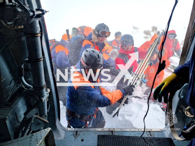 Photo shows a scene of rescue efforts after an avalanche took place in Kamchatka Territory in Russia, undated. A 19-year-old man and a 44-year-old woman who were part of a larger ski tourist group, died as a result of the incident. Note: Licensed photo (@mchs_official/Newsflash)