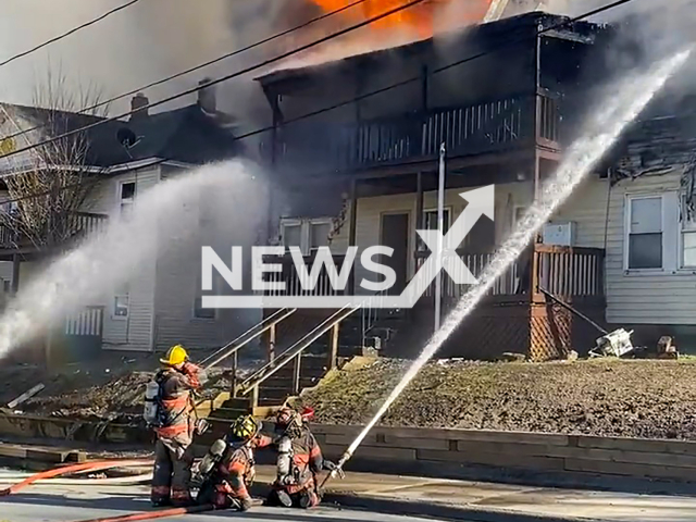 The fire at 114 Lincoln Street in Pittsfield, Massachusetts, USA. Note: Picture is a screenshot from a video (@PittsfieldPD/Clipzilla)